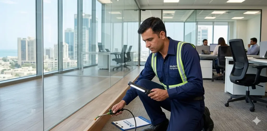Commercial termite treatment expert inspecting an office in Karachi.