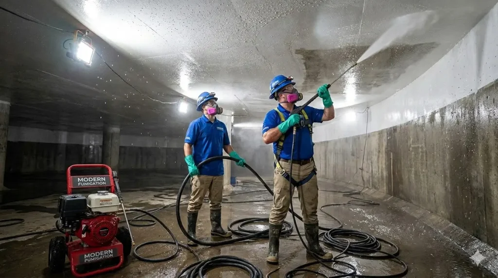 Professional water tank cleaning service in Karachi using high-pressure jetting for hygienic water storage.